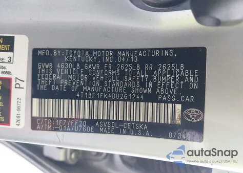 2013 Toyota Camry Se from USA, damaged, VIN 4T1BF1FK4DU261244